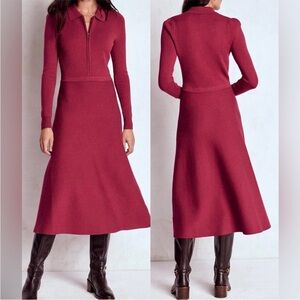 NEW Boden Fiona Zip Front Long Sleeve Knit Midi Ruby Red Dress Sz 6